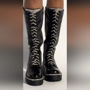 Black and Silver Heeled Boots with Lace-Up Design